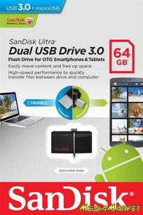 SDDD2-064G-G46  -`i SanDisk Ultra Dual Drive USB 3.0 / microUSB 64GB OTG Black