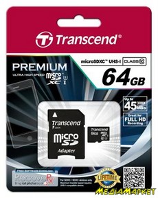 TS64GUSDU1  MicroSDXC Transcend Premium 64GB Class 10 UHS-1